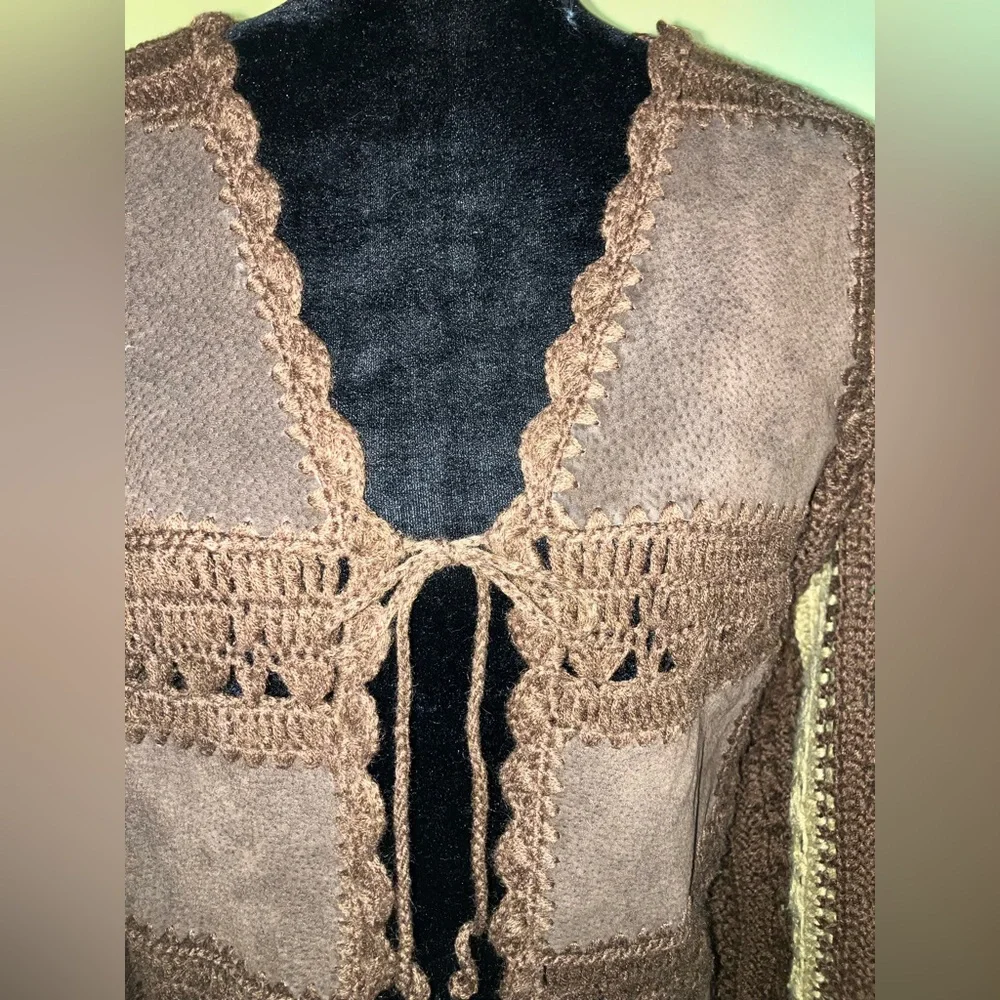 Vintage suede crochet patchwork jacket sz L large tie front boho hippie Dopamine - Picture 3 of 6